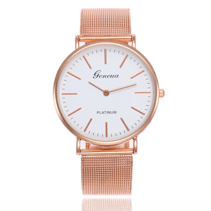 2025 New Brand Geneva Rosy Gold Casual Quartz Watch Women Metal Mesh Stainless Steel Watches Relogio Feminino Ladies Wrist Watch