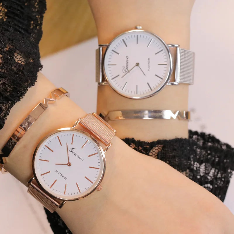 2025 New Brand Geneva Rosy Gold Casual Quartz Watch Women Metal Mesh Stainless Steel Watches Relogio Feminino Ladies Wrist Watch