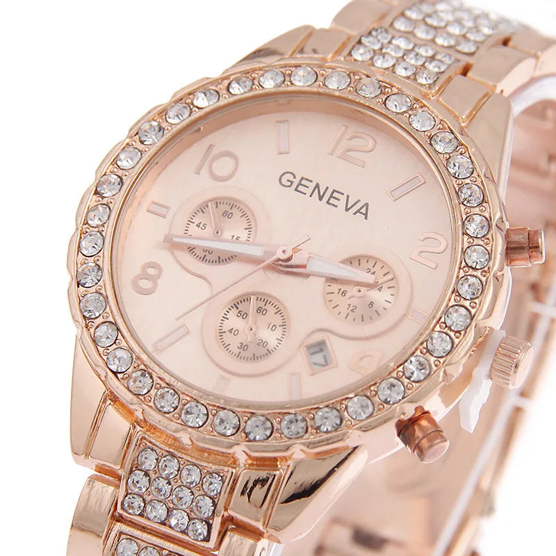 New Fashion Casual Women Watches Diamond Crystal Complete Calendar Gold Quartz Watch Women ClockGirl Rhinestone Relogio Feminino
