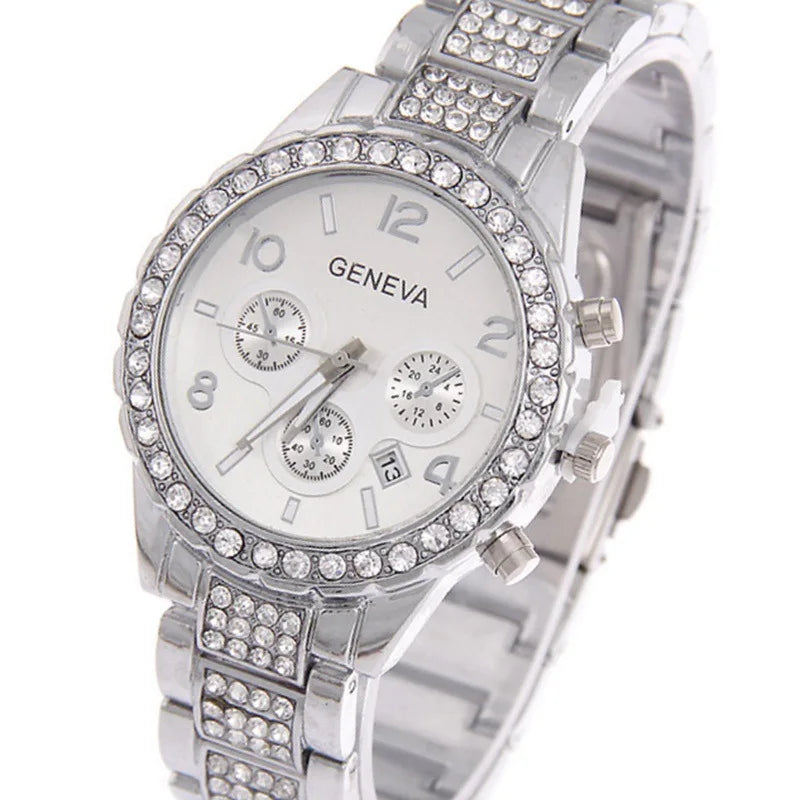 New Fashion Casual Women Watches Diamond Crystal Complete Calendar Gold Quartz Watch Women ClockGirl Rhinestone Relogio Feminino