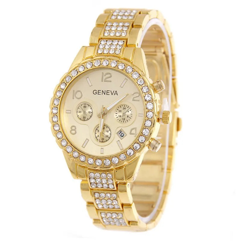 New Fashion Casual Women Watches Diamond Crystal Complete Calendar Gold Quartz Watch Women ClockGirl Rhinestone Relogio Feminino