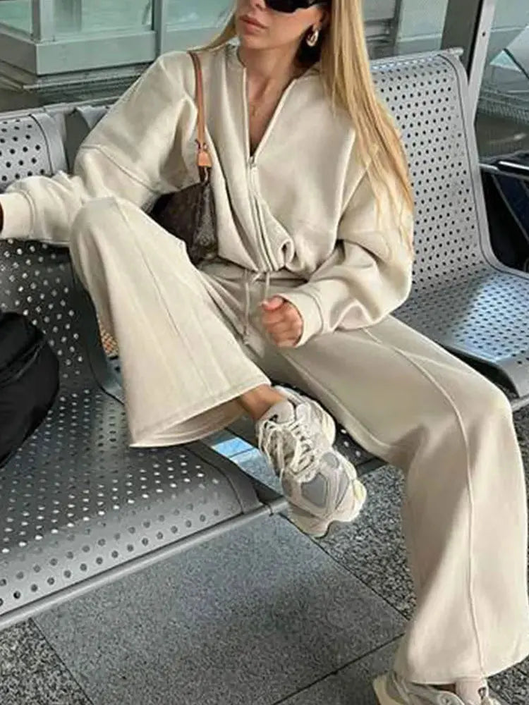 2025 Woman Solid Trousers Set Long Sleeves Zipper Coat Top + Elastic Waist Lace Up Wild Commute Female Wide Leg Long Pant