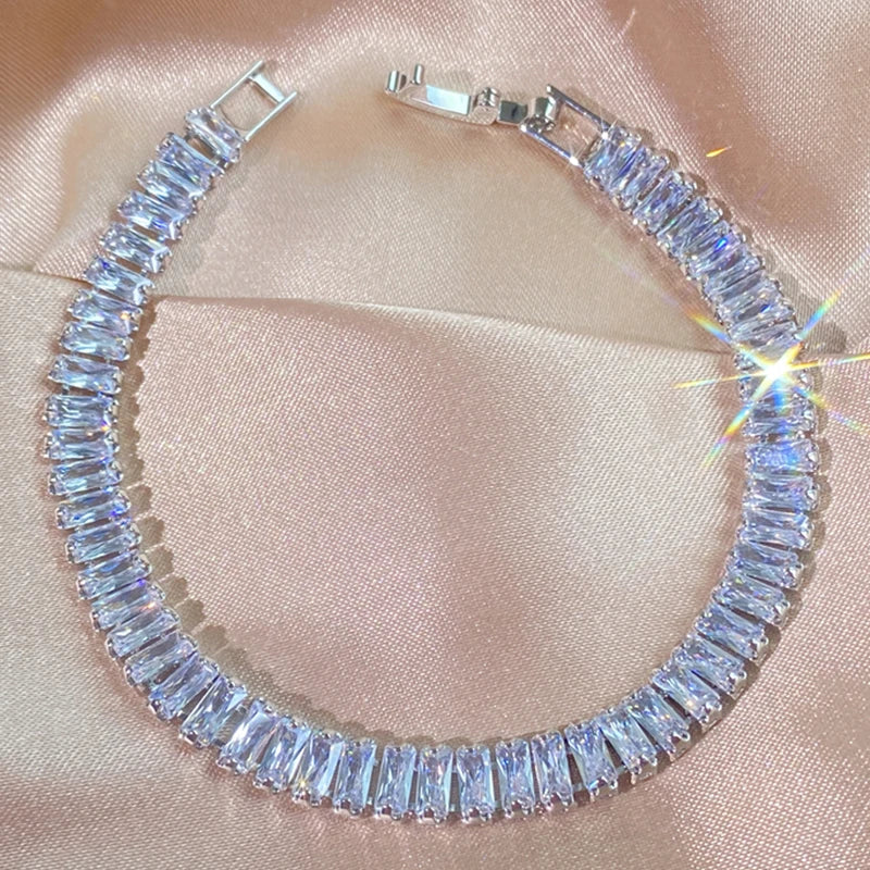Fashion Korean Style Rectangle Zirconia Tennis Bracelets for Women Luxury Gold Color Crystal Party Jewelry