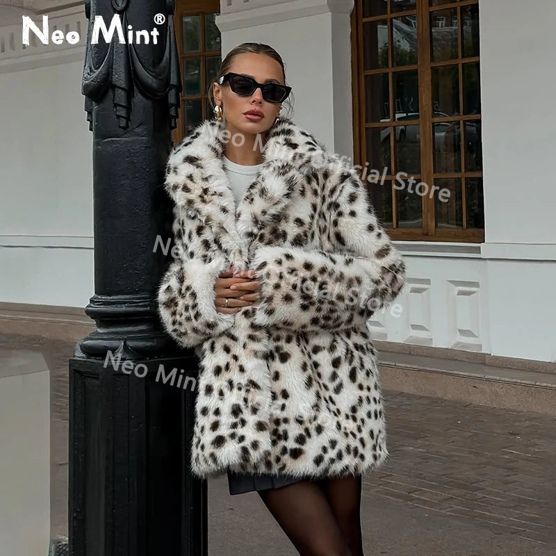 Neo Mint Exclusive Long Brown Leopard Fox Fur Coat Women Winter 2024 New Luxury Hot Brand Fashion Girls Faux Fur Jacket Overcoat