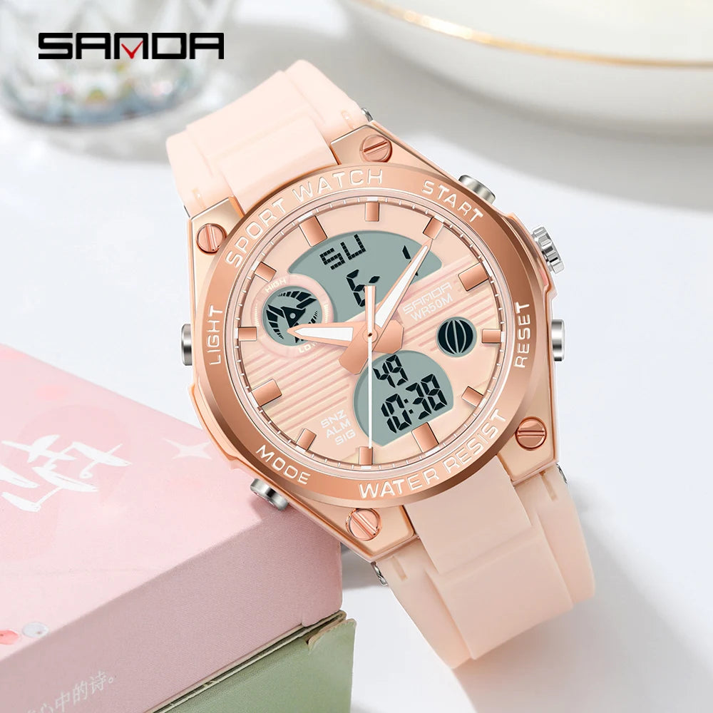 Sanda Brand Casual Fashion Watch Women Sport Chronograph Lady Quartz Wristwatch 50m Waterproof Female Girl Wrist Watch 6067