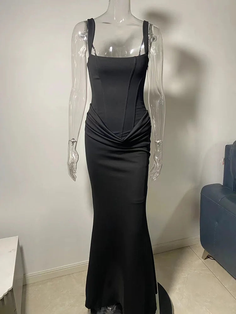 Typhaland Slim Pleated Maxi Dress For Women Sleeveless Sexy Plunge Evening Party Dress Summer 2026 Fashion Solid Female Clothes