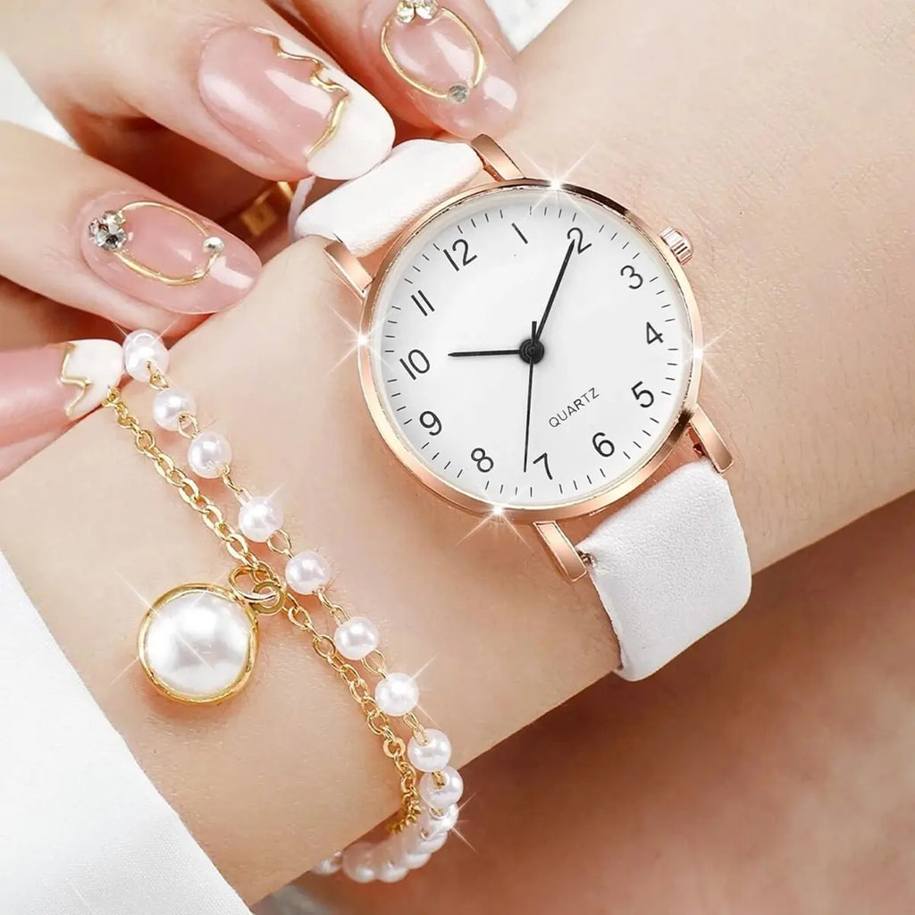 4pcs/set Women's Watch Casual Rome Fashion Quartz Watch Analog PU Leather Wrist Watch & Jewelry Set（Without Box）