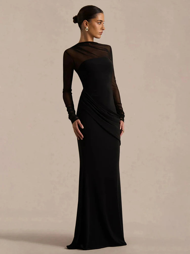 Nibber Prom Party Long Dress Woman o-Neck Full Sleeve Mesh Patchwork Shape Waist Look Slimmer Midnight Elegant Skinny Vestidos
