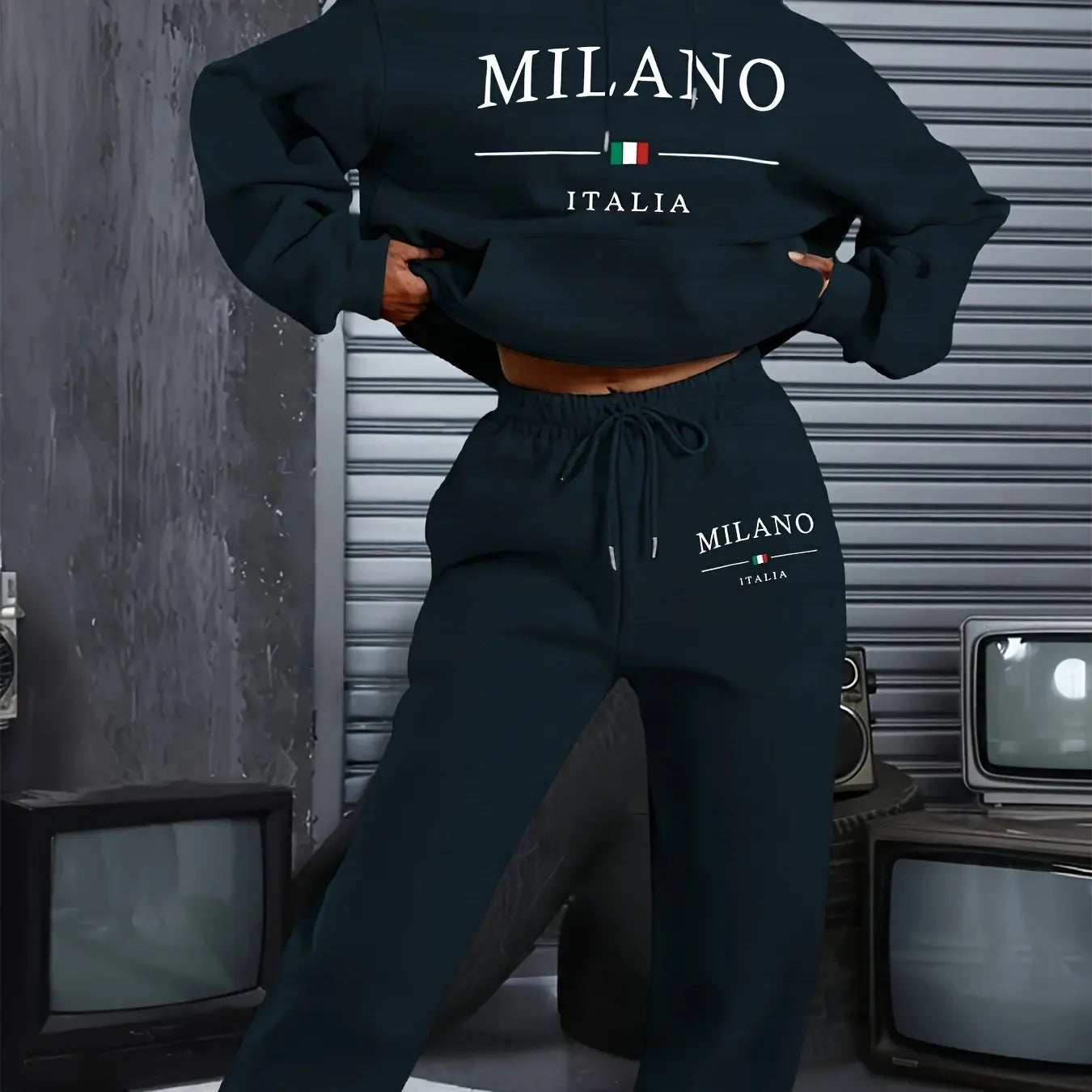 Women's Hoodie+Sweatpants Set Hip Hop Street Casual MILANO ITALIA Letter Printed Loose Sweatshirt Autumn Wool Warm Clothing