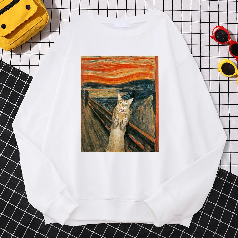 Casual Street Woman Pullover Oil Painting Cat'S Dusk Print Hoody Comfortable Fleece Sweatshirt Loose Warm Female Sportswears