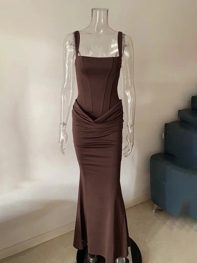 Typhaland Slim Pleated Maxi Dress For Women Sleeveless Sexy Plunge Evening Party Dress Summer 2026 Fashion Solid Female Clothes