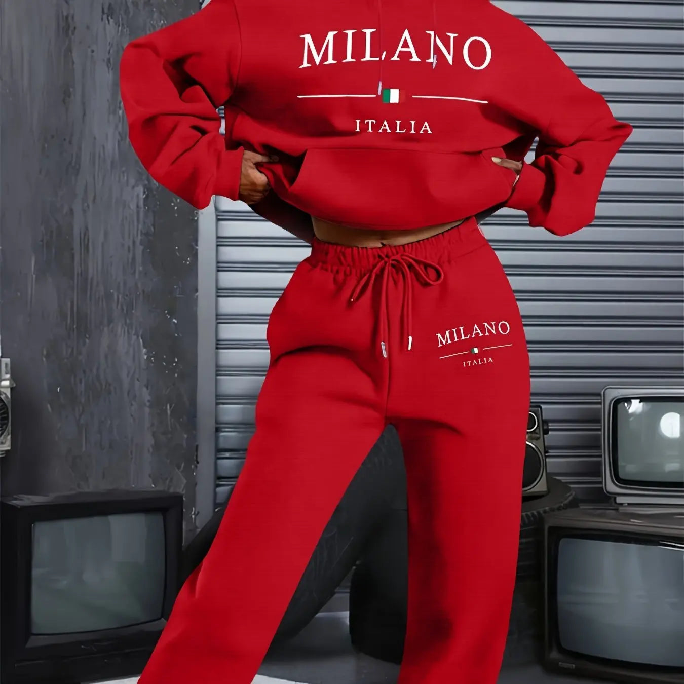 Women's Hoodie+Sweatpants Set Hip Hop Street Casual MILANO ITALIA Letter Printed Loose Sweatshirt Autumn Wool Warm Clothing