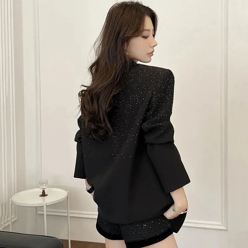 Senior Heavy Industry Suit Jacket Women 2024 Spring Autumn New Korean Version Rhinestone Western Style Blazer Coat Female Tops