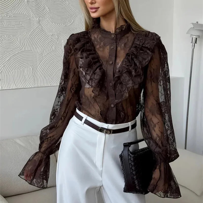 Tossy Lace Ruffled Printed Shirts Female See-Through Patchwork Lace-Up Long Sleeve Commute Clothes Top Women's Summer Blouses