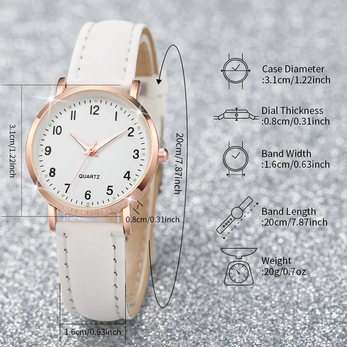6PCS/Set Women's Watch Simple Arabic Dial Quartz Watch Fashion Leather Band Wristwatches Jewelry Set（Without Box）