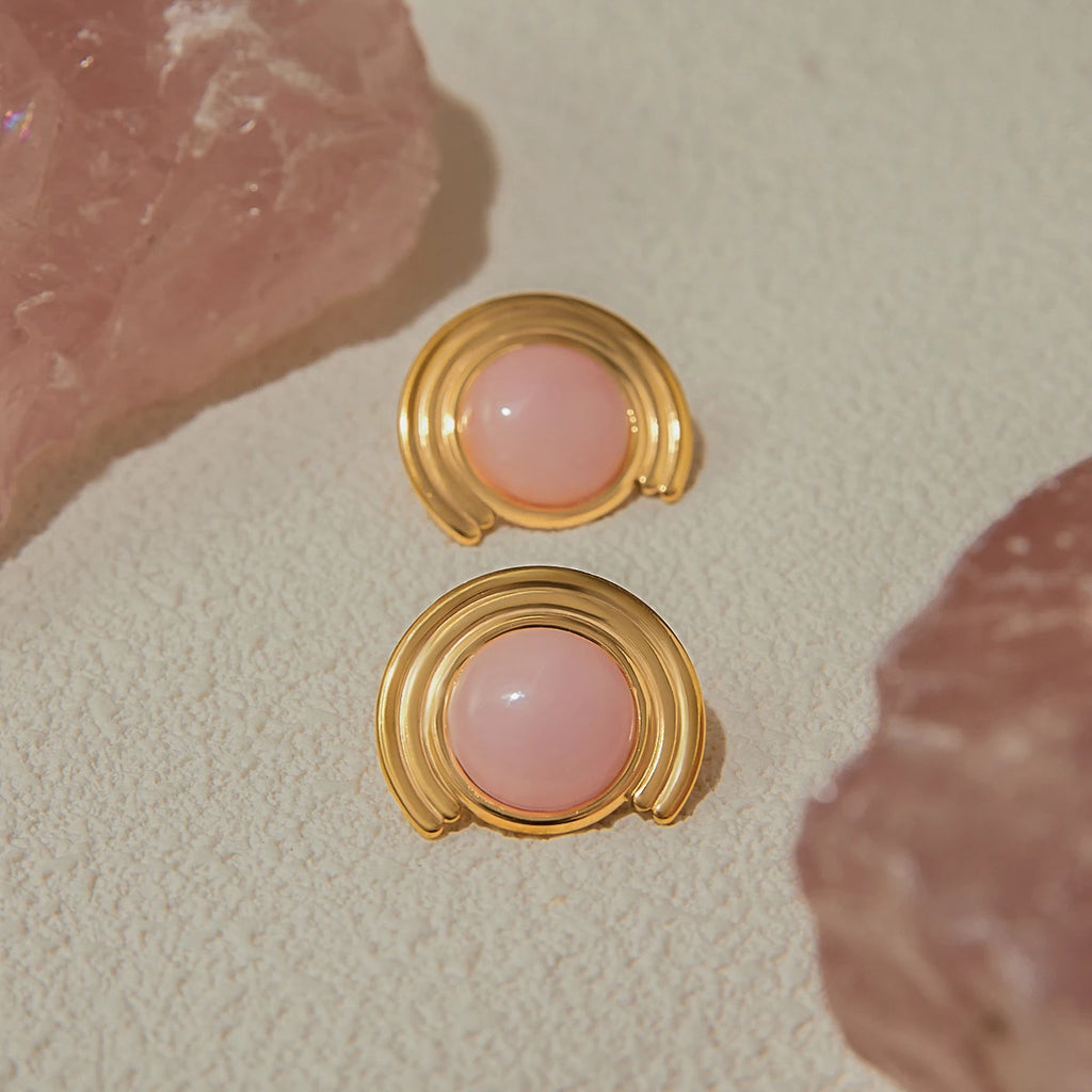 Uworld Designer Pink Natural Stone Ribbed Earrings 18K Gold Color Stainless Steel Round Earrings Women's Accessories Party Gift