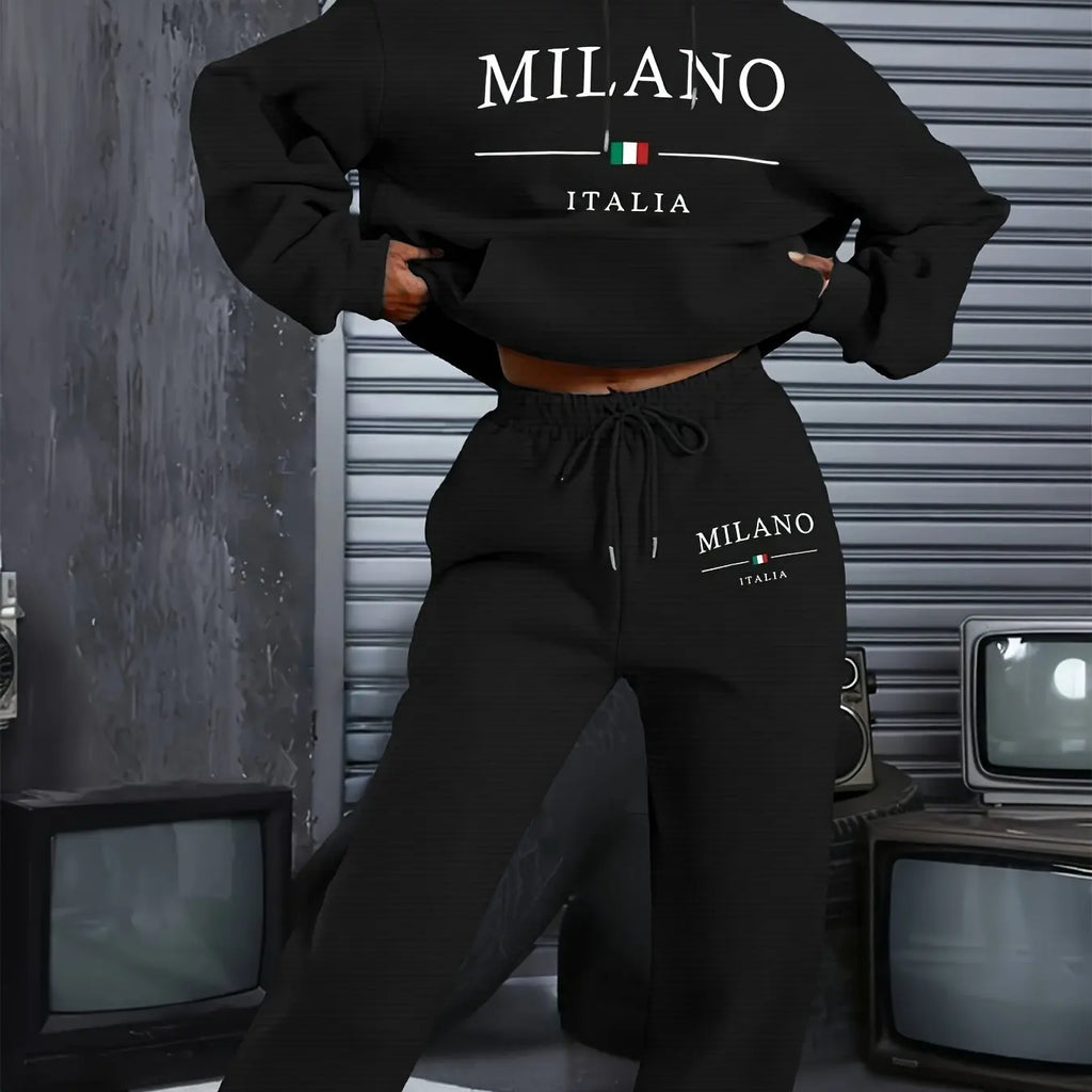 Women's Hoodie+Sweatpants Set Hip Hop Street Casual MILANO ITALIA Letter Printed Loose Sweatshirt Autumn Wool Warm Clothing