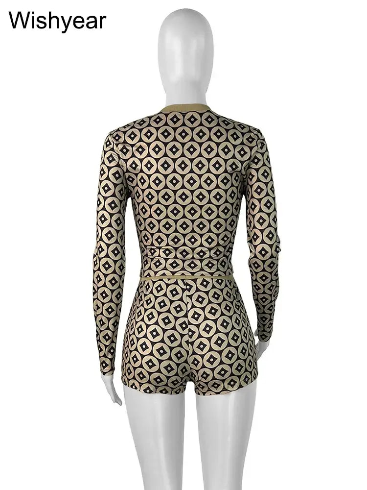Casual O-neck Long Sleeve Top and Stretch Hip Package Shorts Women 2025 Spring Summer Sexy Slim Print Pants Two 2 Pieces Sets