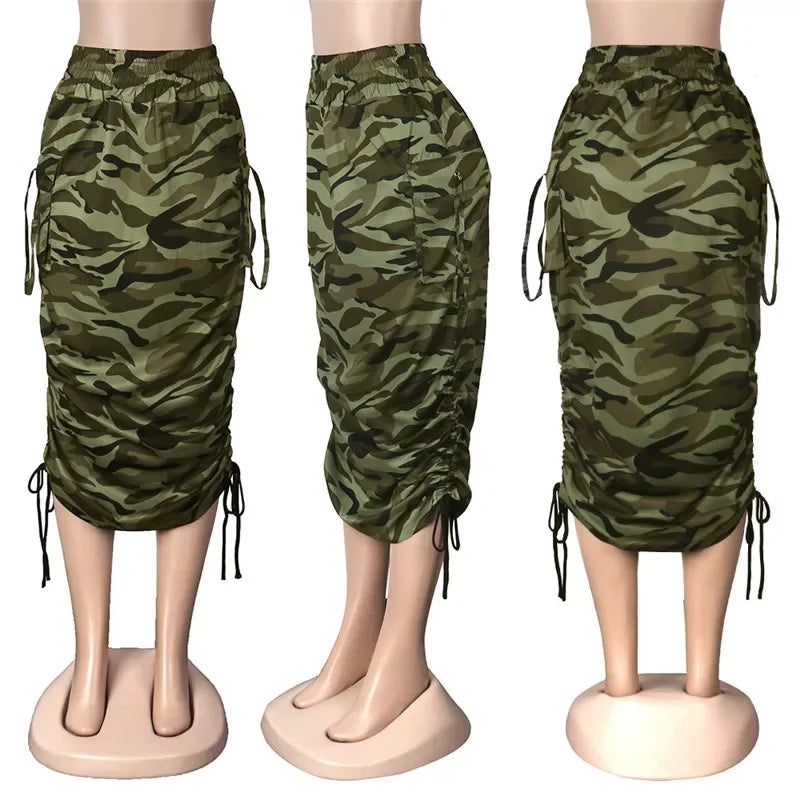 ANJAMANOR Camouflage Newspaper Print Draw String Ruched Long Skirts Women Clothing Fashion 2021 Sexy Pencil Skirts D35-FZ14