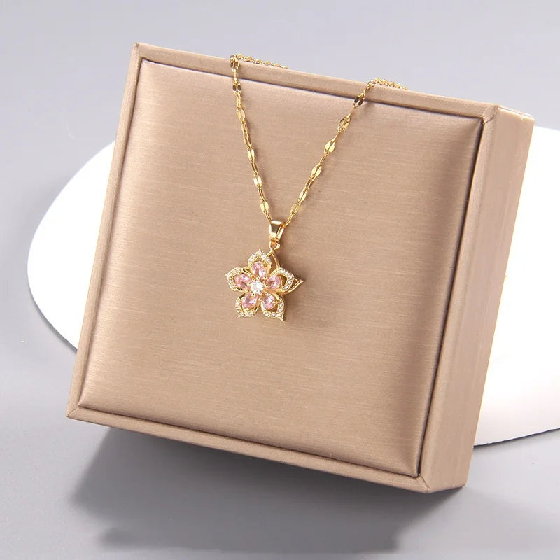 Exclusive 5-Petal Flower Windmill Pendant Necklace with Rotating Design and Elegant Titanium Steel Chain for Women