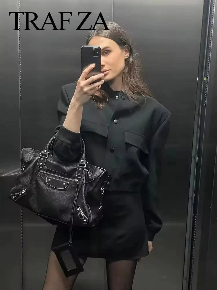 HH Women Casual Solid Bomber Jackets Fashion Long Sleeve Buttons Crop Coats Pockets Female 2025 Autumn Elegant Outerwear