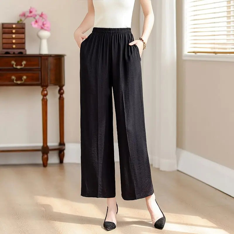 Simplicity Casual Summer Pants Women's Solid Elastic Waist Pockets Thin Style Elegant High Waist Loose Wide Leg Cropped Trousers