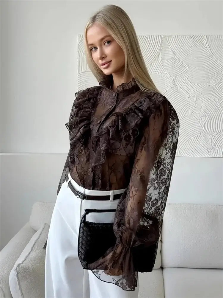Tossy Lace Ruffled Printed Shirts Female See-Through Patchwork Lace-Up Long Sleeve Commute Clothes Top Women's Summer Blouses