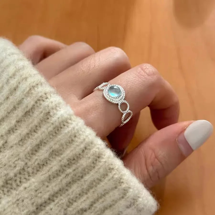 Sam Panda 925 Sterling Silver Blue Moonstone Hollow Ring For Women Gift Sweet Romantic Jewelry Wholesale Dropshipping