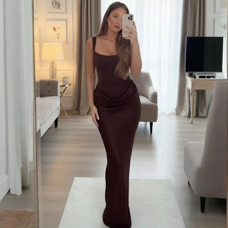 Typhaland Slim Pleated Maxi Dress For Women Sleeveless Sexy Plunge Evening Party Dress Summer 2026 Fashion Solid Female Clothes