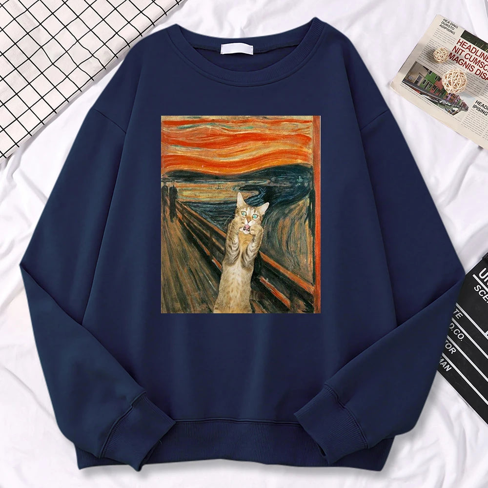 Casual Street Woman Pullover Oil Painting Cat'S Dusk Print Hoody Comfortable Fleece Sweatshirt Loose Warm Female Sportswears