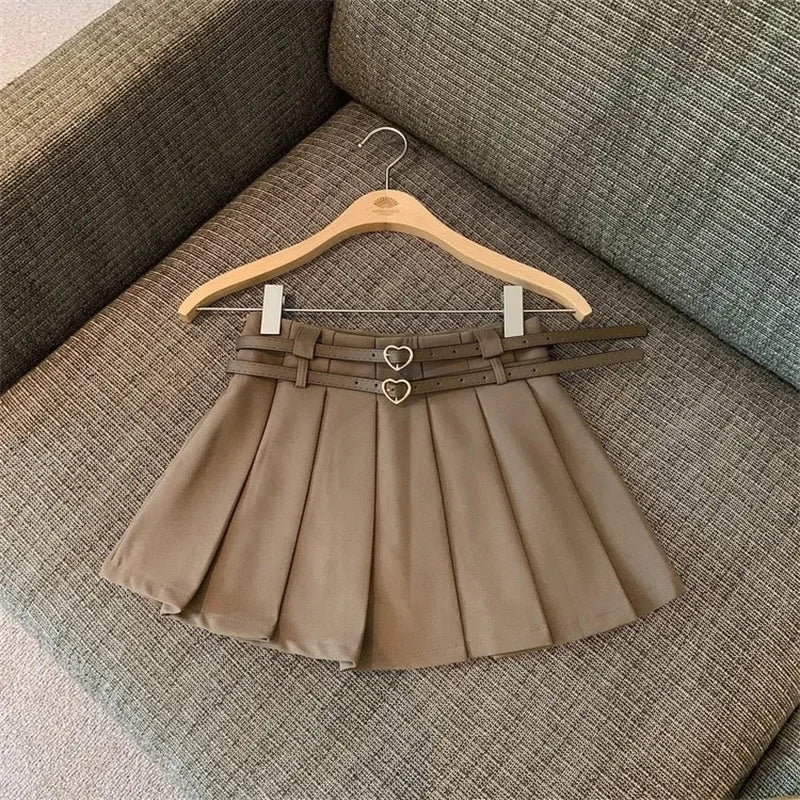 Women Pleated Mini Skirt with Dual Heart Belt for Teen-girl High Waist Tennis Skirt Preppy Summer Y2K Outfit