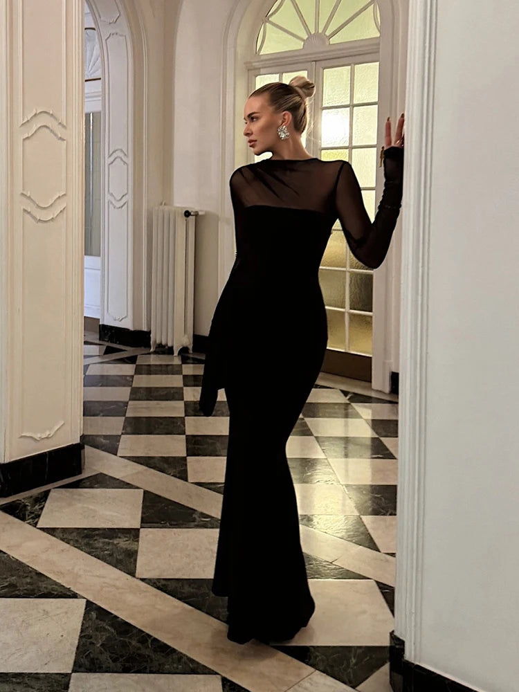Nibber Prom Party Long Dress Woman o-Neck Full Sleeve Mesh Patchwork Shape Waist Look Slimmer Midnight Elegant Skinny Vestidos