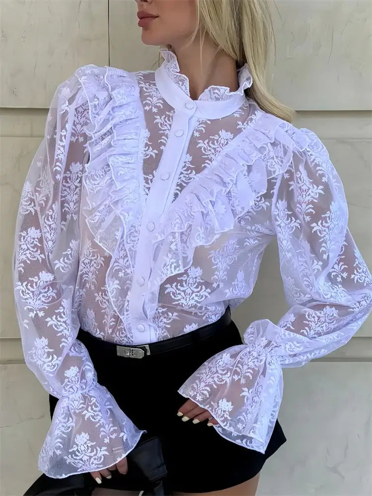 Tossy Lace Ruffled Printed Shirts Female See-Through Patchwork Lace-Up Long Sleeve Commute Clothes Top Women's Summer Blouses