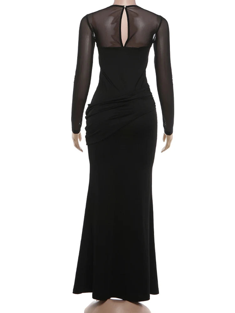 Nibber Prom Party Long Dress Woman o-Neck Full Sleeve Mesh Patchwork Shape Waist Look Slimmer Midnight Elegant Skinny Vestidos