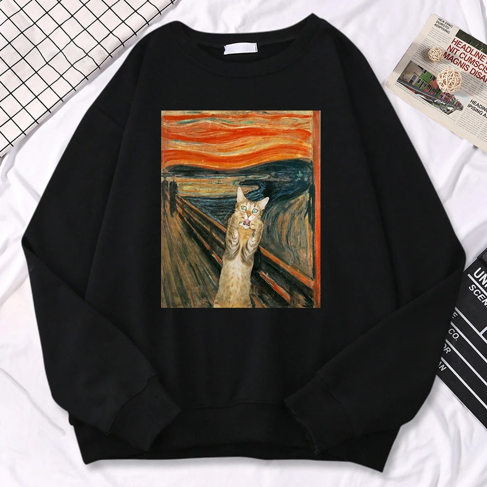 Casual Street Woman Pullover Oil Painting Cat'S Dusk Print Hoody Comfortable Fleece Sweatshirt Loose Warm Female Sportswears