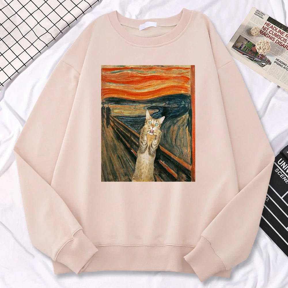 Casual Street Woman Pullover Oil Painting Cat'S Dusk Print Hoody Comfortable Fleece Sweatshirt Loose Warm Female Sportswears