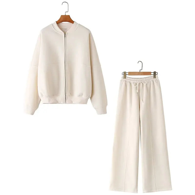 2025 Woman Solid Trousers Set Long Sleeves Zipper Coat Top + Elastic Waist Lace Up Wild Commute Female Wide Leg Long Pant