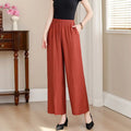 Simplicity Casual Summer Pants Women's Solid Elastic Waist Pockets Thin Style Elegant High Waist Loose Wide Leg Cropped Trousers