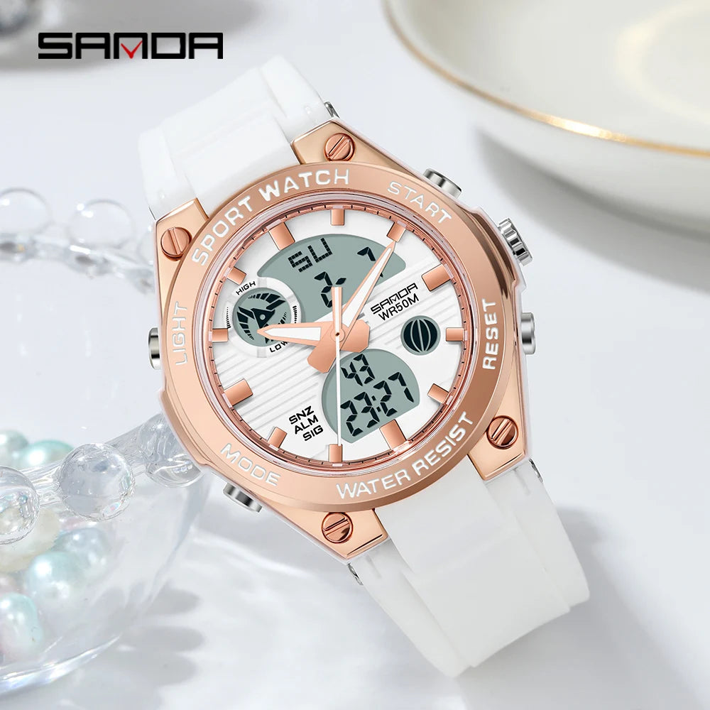 Sanda Brand Casual Fashion Watch Women Sport Chronograph Lady Quartz Wristwatch 50m Waterproof Female Girl Wrist Watch 6067