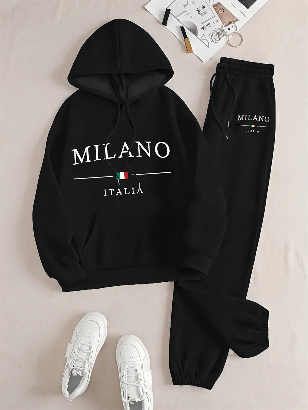Women's Hoodie+Sweatpants Set Hip Hop Street Casual MILANO ITALIA Letter Printed Loose Sweatshirt Autumn Wool Warm Clothing
