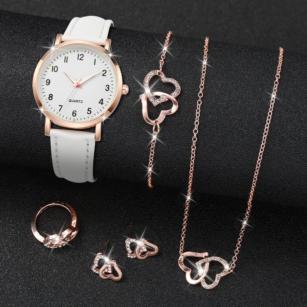 6PCS/Set Women's Watch Simple Arabic Dial Quartz Watch Fashion Leather Band Wristwatches Jewelry Set（Without Box）
