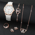 6PCS/Set Women's Watch Simple Arabic Dial Quartz Watch Fashion Leather Band Wristwatches Jewelry Set（Without Box）