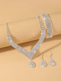 Three Pieces of Source Temperament Luxury Shiny Rhinestone Necklace Earrings Set Bridal Jewellery Love Pendant Ear