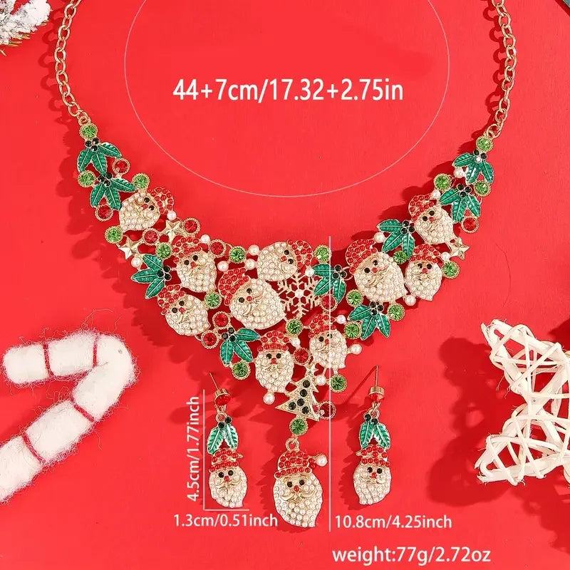 3pcs/set Elegant Lovely Christmas Jewelry Set, Rhinestone Santa Wreath Pendant Necklace+Earrings For Women Trendy Jewelry Gifts