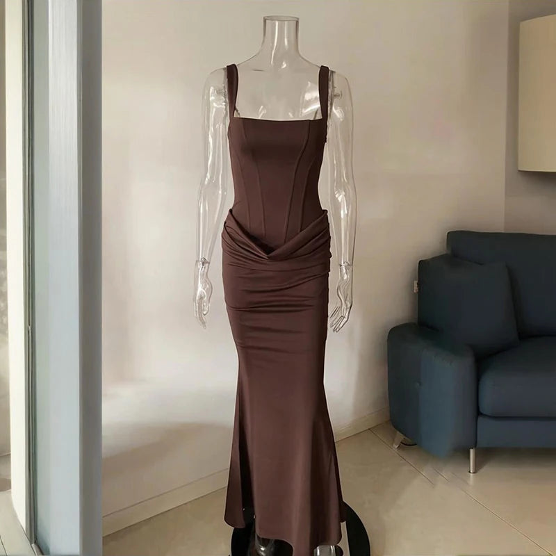 Typhaland Slim Pleated Maxi Dress For Women Sleeveless Sexy Plunge Evening Party Dress Summer 2026 Fashion Solid Female Clothes