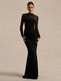Nibber Prom Party Long Dress Woman o-Neck Full Sleeve Mesh Patchwork Shape Waist Look Slimmer Midnight Elegant Skinny Vestidos