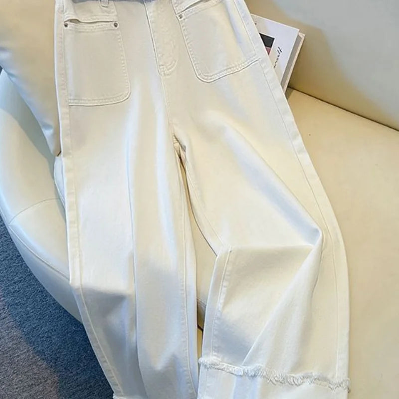 White Jeans Wide-leg Pants Women's Thin Summer Pants 2024 New High-waisted Raw Edge Small Straight Pants Women's Clothing Brief