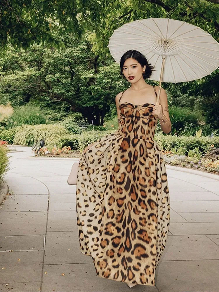 Leopard Print Sleeveless Sling Dress For Women Fashion Chic Backless A Line Dresses 2025 Elegant Female High Street Vestidos