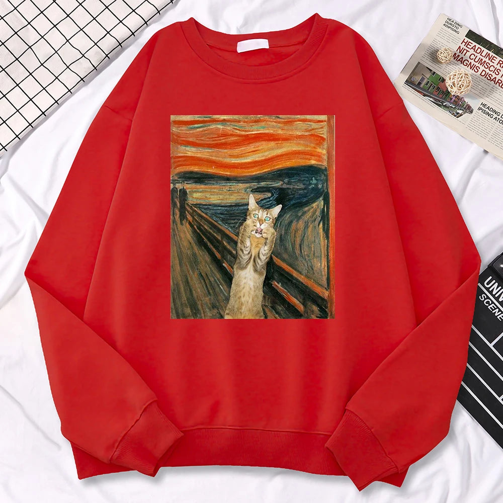 Casual Street Woman Pullover Oil Painting Cat'S Dusk Print Hoody Comfortable Fleece Sweatshirt Loose Warm Female Sportswears