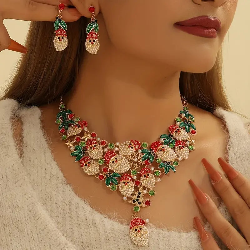 3pcs/set Elegant Lovely Christmas Jewelry Set, Rhinestone Santa Wreath Pendant Necklace+Earrings For Women Trendy Jewelry Gifts